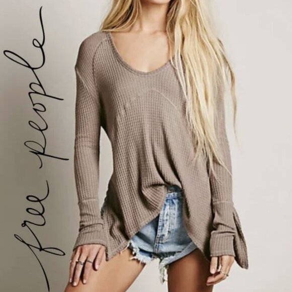 Free People Ventura Thermal Top Waffle Knit Long Sleeve Tan Small - Picture 1 of 4